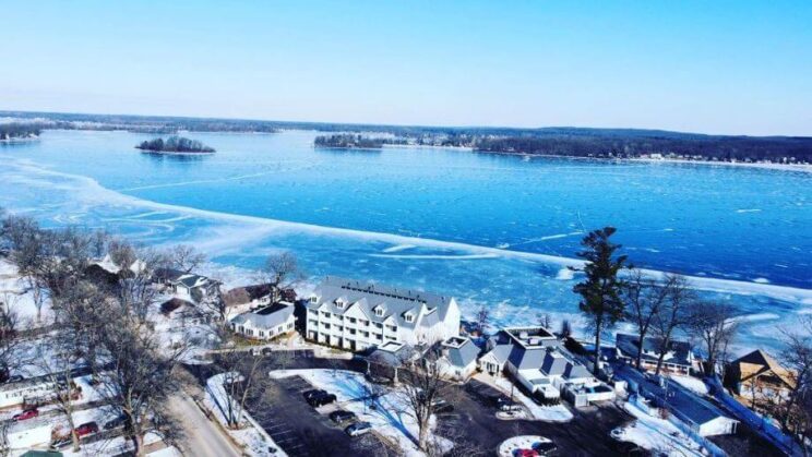 An aerial view of a Gun Lake resort close to some of the best winter activities in Michigan.
